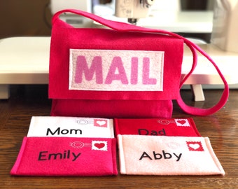 Personalized Mail Bag and Working Envelopes for Pretend Play, Mail Set, Hot Pink