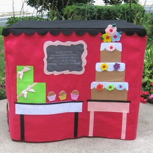Card Table Playhouse, Cupcakery with curtains, Black Scalloped Roof, 40 Interactive Play Pieces, Custom Order image 5