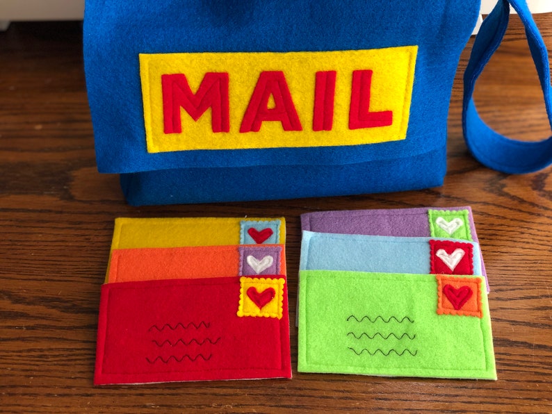 Play Mail Bag and Mail, Kids Mail Set, Blue Mail Bag and Envelopes image 2