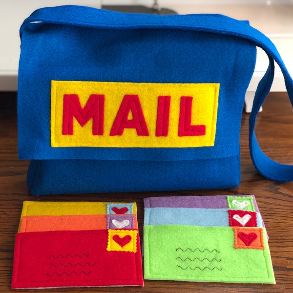 Play Mail Bag and Mail, Kids Mail Set, Blue Mail Bag and Envelopes