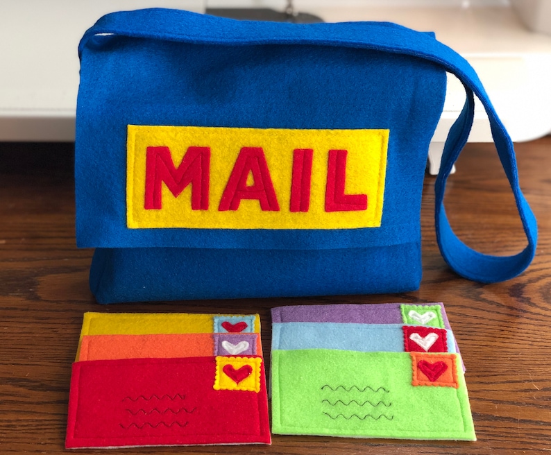 Play Mail Bag and Mail, Kids Mail Set, Blue Mail Bag and Envelopes image 1