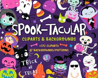 Puede incluir: Un conjunto de 170 imágenes de clip art de Halloween y 27 patrones de fondo. El clip art incluye una variedad de personajes lindos y espeluznantes, como fantasmas, calabazas, murciélagos, esqueletos y maíz dulce. Los fondos son coloridos y festivos, perfectos para crear proyectos con temática de Halloween.