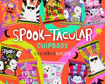 May include: A set of ten Halloween-themed chip bags with various designs featuring ghosts, bats, pumpkins, and candy corn. The bags are decorated with bright colors and playful fonts, including the text "Spook-tacular Chipbags" and "You are Fang-tastic".