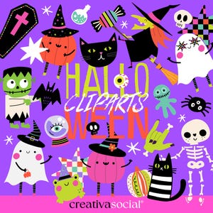 May include: A collection of Halloween-themed clip art on a purple background. The illustrations include pumpkins, ghosts, witches, cats, and other spooky characters. The text "Halloween Cliparts" is displayed in the center of the image.