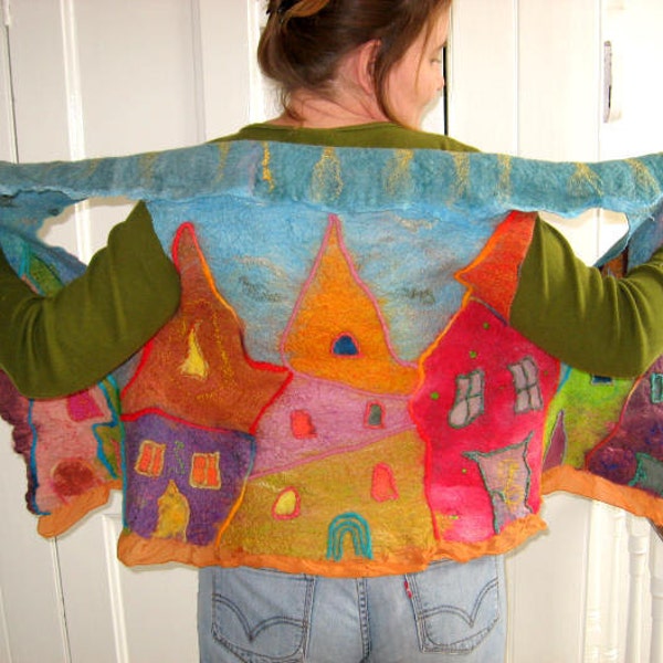 SALE   Little Houses Felted  Art  Picture Vest  (mixed merino wool and mulberry silk)