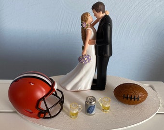 Cleveland Browns Cake Topper Bridal Funny Humorous Wedding Day Reception Football team Themed Beer Can 2 mugs Hair changed free Grooms Cake