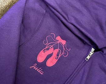 Personalized Purple Girls Toddler Youth Ballerina Slipper Dance Sweatshirt  Zip up Hoodie Hoody Embroidered