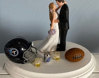 TENNESSEE TITANS Cake Topper Bridal Funny Humorous Wedding Day Reception Football Team Themed Can of beer 2 mugs Hair changed free