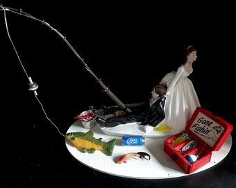 Grooms Cake Topper Funny Bridal Wedding Day Reception Bride Groom Going Fishing Rod Tackle Box Fishing pail with ice / fish Beer Grooms cake