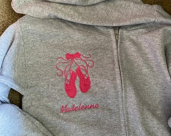 Personalized Girls Grey Ballerina Dance Sweatshirt  Zip up Hoodie / Pullover Hoody Embroidered