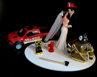 Firefighter Fireman Cake Topper Fire Truck Engine Funny Bridal Wedding Day Reception Bride Groom Theme Hair changed free Grooms cake