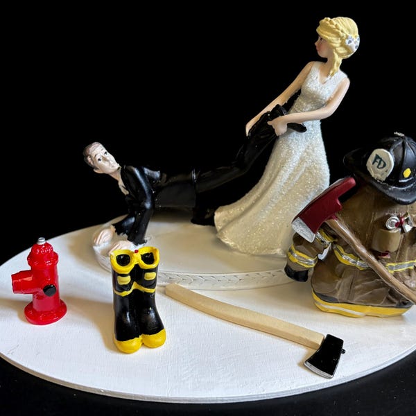 Firefighter Fireman Bride Groom Cake Topper Funny Bridal Wedding Day Reception Bride Groom Theme Hair done free Grooms Cake