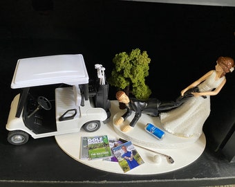 Golf Theme Funny Cake Topper Wedding Day Reception Bride Groom Funny with Golf Cart,Beer,Magazines,Golf club and ball,Tree No Golf for you