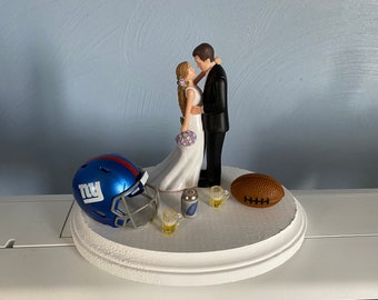 New York Giants Cake Topper Bridal Funny Humorous Wedding Day Reception Football team Themed Can of beer and 2 mugs Grooms cake Hair change