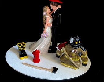 Firefighter Fireman Cake Topper Funny Bridal Wedding Day Reception Bride Groom Theme Hair color changed for free Grooms cake