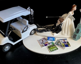 No Golf for you Theme Funny Cake Topper Wedding Day Reception Bride Groom Funny Golf Cart Magazines Beer Golf Bag Grooms cake topper