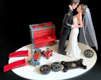 Cake Topper Wedding Day Reception Bride Groom Funny Auto Mechanic Grease Monkey Themed Automotive Garage Shop Tools Grooms Cake Rehearsal