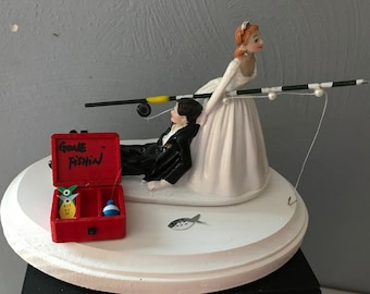 Cake Topper Funny Bridal Wedding Day Reception Bride Dragging Groom Going Gone Fishing Rod Tackle Box Theme Hair changed free Grooms cake