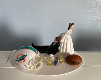 Miami Dolphins Wedding Day Reception Cake Topper Bridal Funny Football NFL team Football Themed  Beer can 2 mugs Hair color changed for free