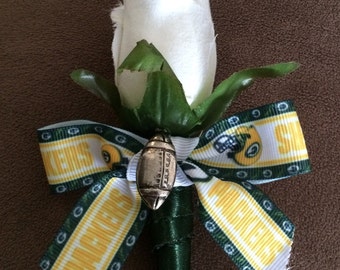 Green Bay Packers Real Touch Rose Boutonniere Wedding Day Corsage-Groom Mens Groomsman  Football Boutonniere, Football Themed Wedding