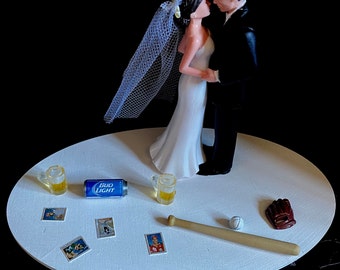 Baseball Wedding Day Reception Cake Topper Bridal Funny Team Themed  Hair changed free Grooms cake Bat, Ball, Mitt, Baseball cards Beer/Mugs