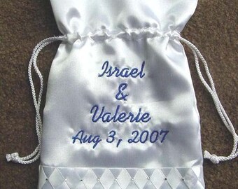 Personalized 10 inch  Wedding Bridal Money Card Drawstring Bag Purse Rhinestones or Pearls accent Dollar Dance