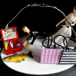 Bride I&quot;m going Shopping Groom NO FISHING FOR You Theme Cake Topper Funny Bridal Wedding Day Reception Bride Grooms Cake Funny