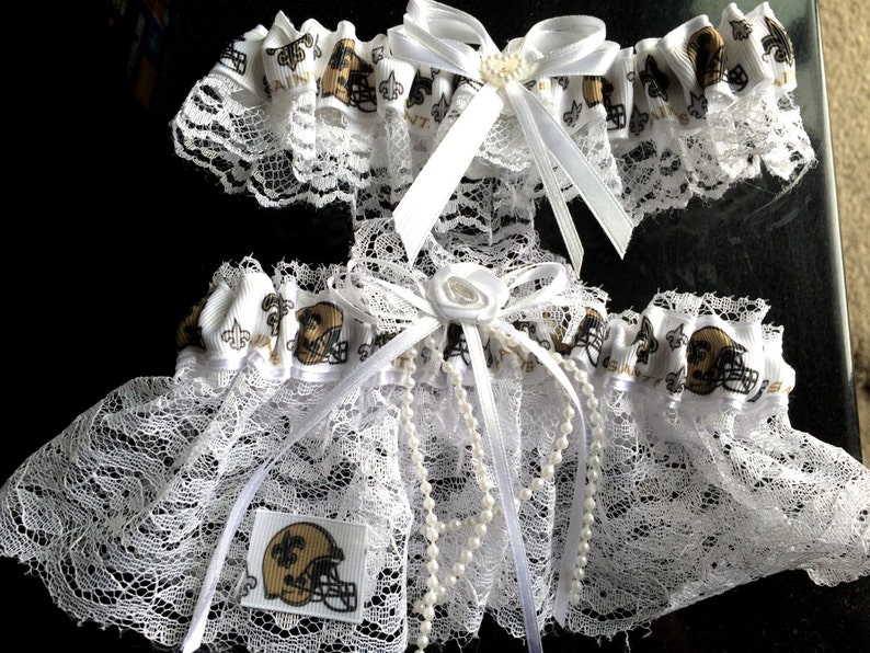 New Orleans Saints Football Wedding Bridal Lace trim Garters Set RegularPlus Size