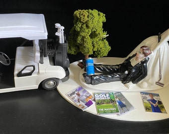 Golf Theme Funny Cake Topper Wedding Day Reception Bride Groom Funny with Golf Cart,Beer,Magazines,Golf club and ball,Tree No Golf for you