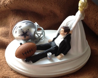 Football Cake Topper Wedding Day Reception Bridal Funny Football Themed Pick your Team Bride Groom Wedding Day Grooms Cake