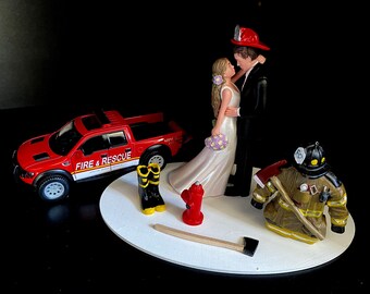 Firefighter Fireman Cake Topper Fire Truck Engine Funny Bridal Wedding Day Reception Bride Groom Theme Hair changed free Grooms cake