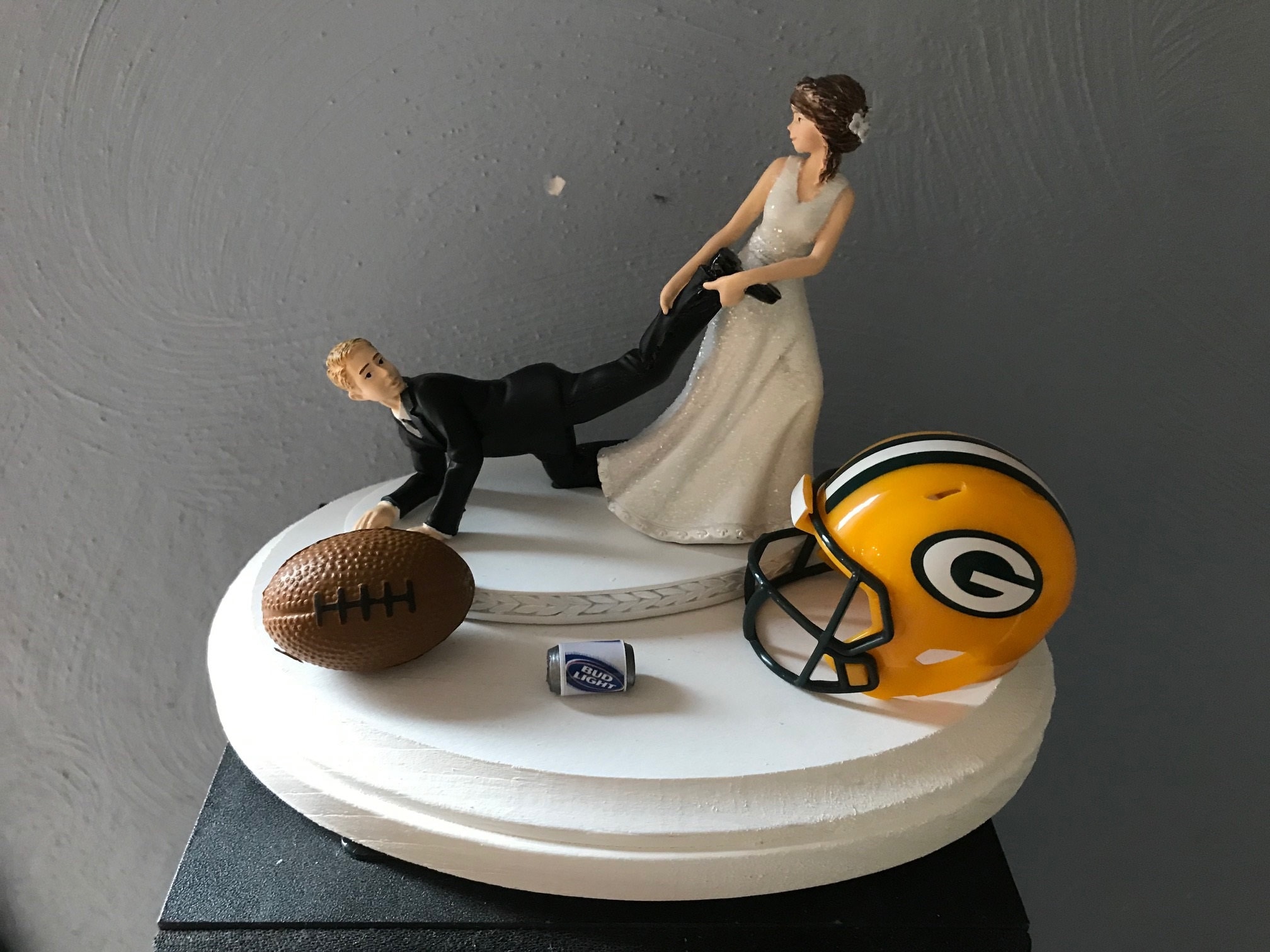 Green Bay Packers Bride Groom Wedding Day Reception Cake Topper Bridal Funny Football Team Themed Hair done Free Grooms Cake