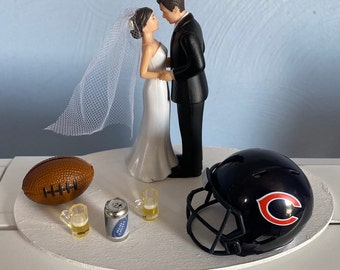 Chicago Bears Wedding Day Reception Cake Topper Bridal Funny Football  team Themed Beer 2 mugs Hair changed free Grooms Cake