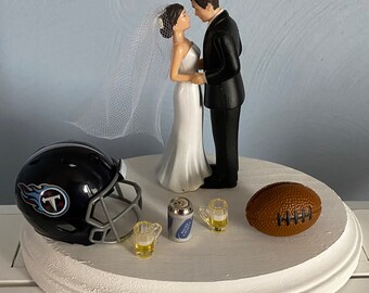 TENNESSEE TITANS Cake Topper Bridal Funny Humorous Wedding Day Reception Football Team Themed Can of beer 2 mugs Hair changed free