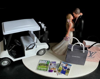 Groom Golf / Bride Shopping Theme Funny Cake Topper Wedding Day Reception Bride Grooms  Funny with Golf Cart No Golf for you Just shopping