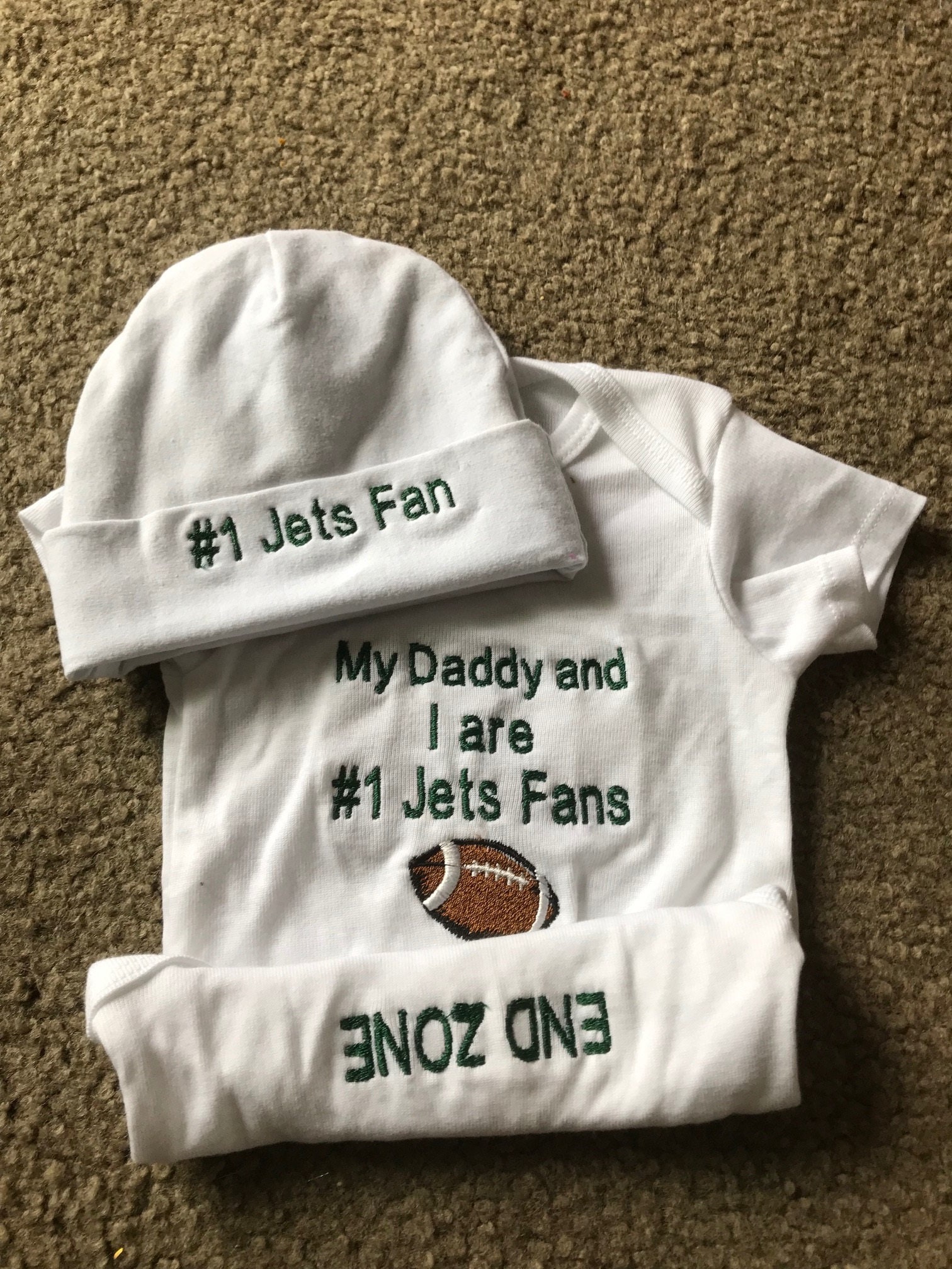 New York Jets Fan Gear Football Baby Infant Newborn Creeper Hat Set Embroidered Personalized Coming home set Announcement Baby Shower