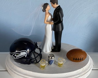 Seattle Seahawks Wedding Day Reception Cake Topper Bridal Funny Football NFL team Football Themed Beer 2 mugs Hair changed free Grooms Cake