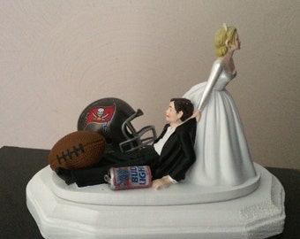 Tampa Bay Buccaneers Wedding Day Reception  Cake Topper Bridal Funny NFL Football team Themed with Beer Hair color changed for free