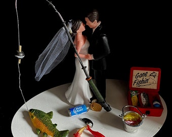 Cake Topper Funny Bridal Wedding Day Reception Bride Groom Going Fishing Rod Tackle Box Fishing pail with ice / fish Beer Grooms cake