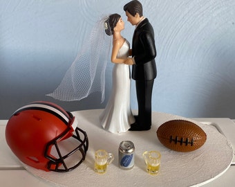 Cleveland Browns Cake Topper Bridal Funny Humorous Wedding Day Reception Football Team Themed A Beer 2 mugs Hair change free Grooms Cake