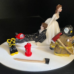 Firefighter Fireman Cake Topper Funny Bridal Wedding Day Reception Bride Groom Theme Hair changed  free Grooms cake Bride Drag Groom