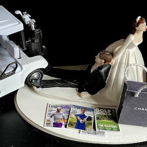 Groom Golf / Bride Shopping Theme Funny Cake Topper Wedding Day Reception Bride Groom Funny with Golf Cart No Golf for you Just shopping