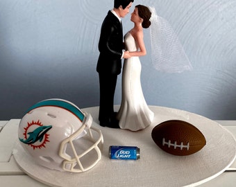 Wedding Cake Topper Bridal  Miami Dolphins Funny Football NFL  team  Football Themed Hair color changed for free Grooms cake Bride Groom