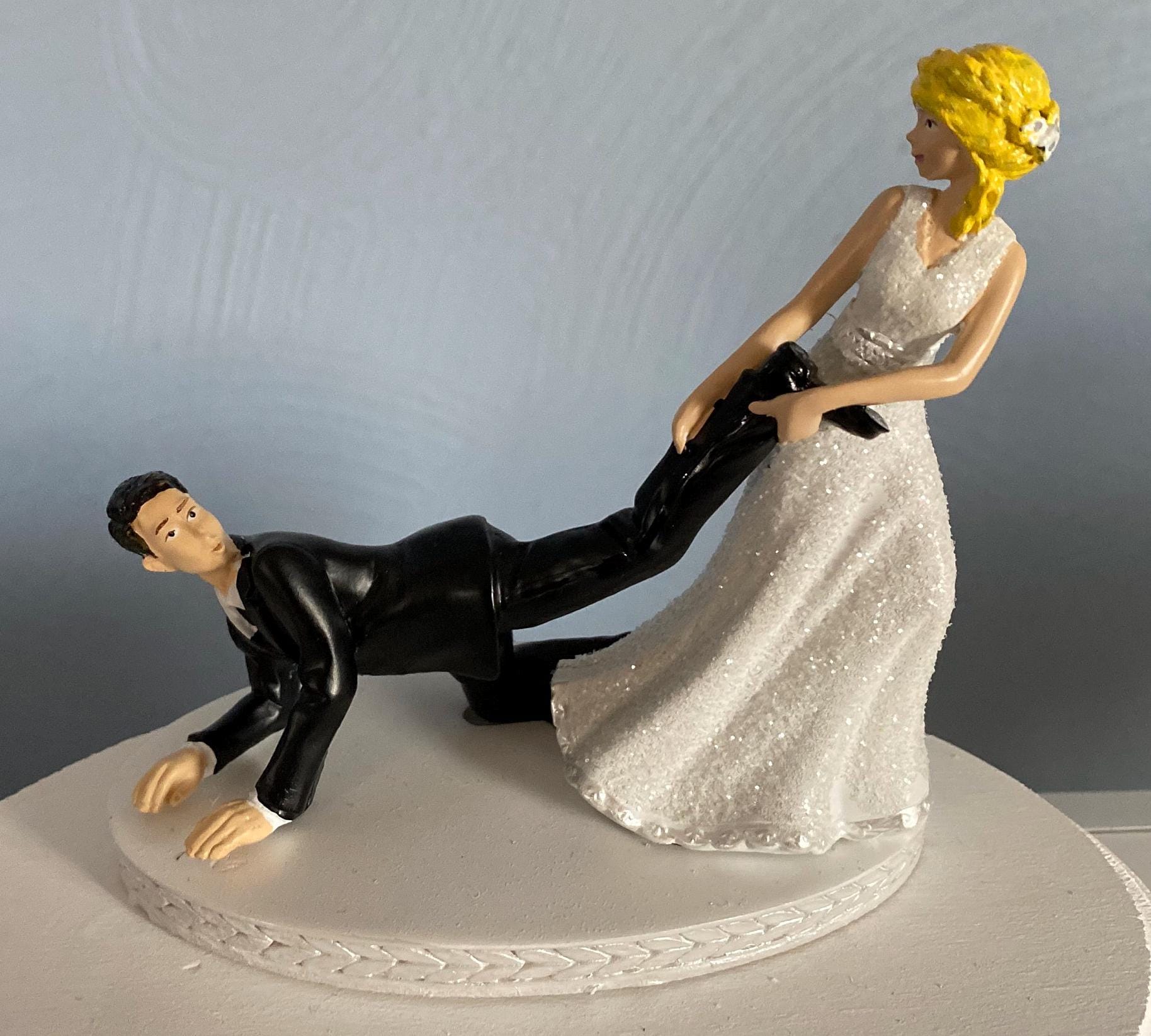 Bride Groom Cake Topper Figures Wedding Day Reception Bride Pulling ...