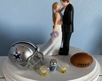 Dallas Cowboys Wedding Day Reception Cake Topper Bridal Funny Football NFL team Football Themed  Beer can 2 mugs Hair color changed for free