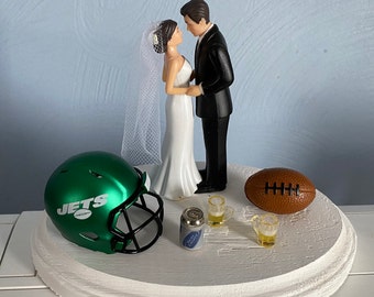 New York Jets NFL Wedding Day Reception Cake Topper Bridal Funny Football team Themed Can of beer  2 mugs Hair changed for free Grooms Cake