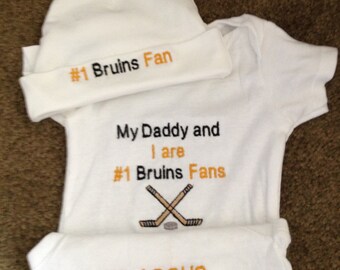Boston Bruins NHL Fan Ice Hockey Team Baby Creeper Hat Set Personalized Embroidered Coming Home   Set Announcement Baby Mommy Daddy Uncle