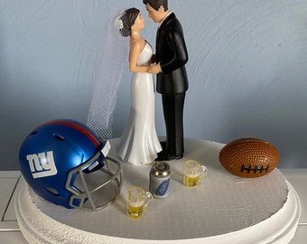 New York Giants Cake Topper Bridal Funny Humorous Wedding Day Reception Football team Themed Can of beer and 2 mugs Grooms cake