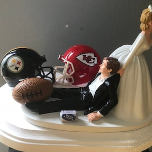 House Divided RIVALRY Cake Topper Bridal Funny Humorous Wedding Day Reception NFL Team Football Themed Hair changed free Grooms cake