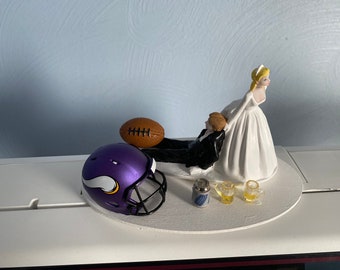 Minnesota Vikings Wedding Day Reception Cake Topper Bridal  Funny Football team Football Themed Beer can 2 mugs  Hair color changed for free